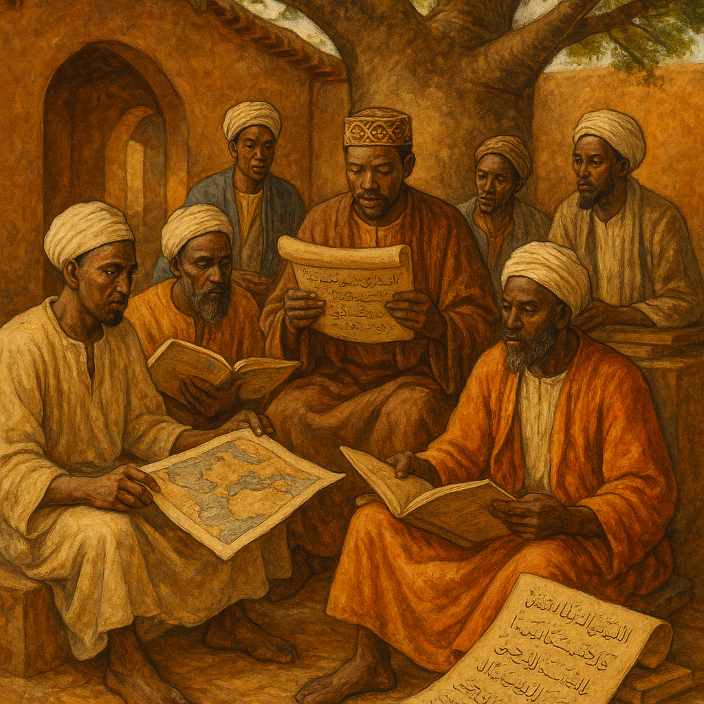 Illustration or photograph of Angolan intellectuals prior to Portuguese arrival, depicting cultural and scholarly richness